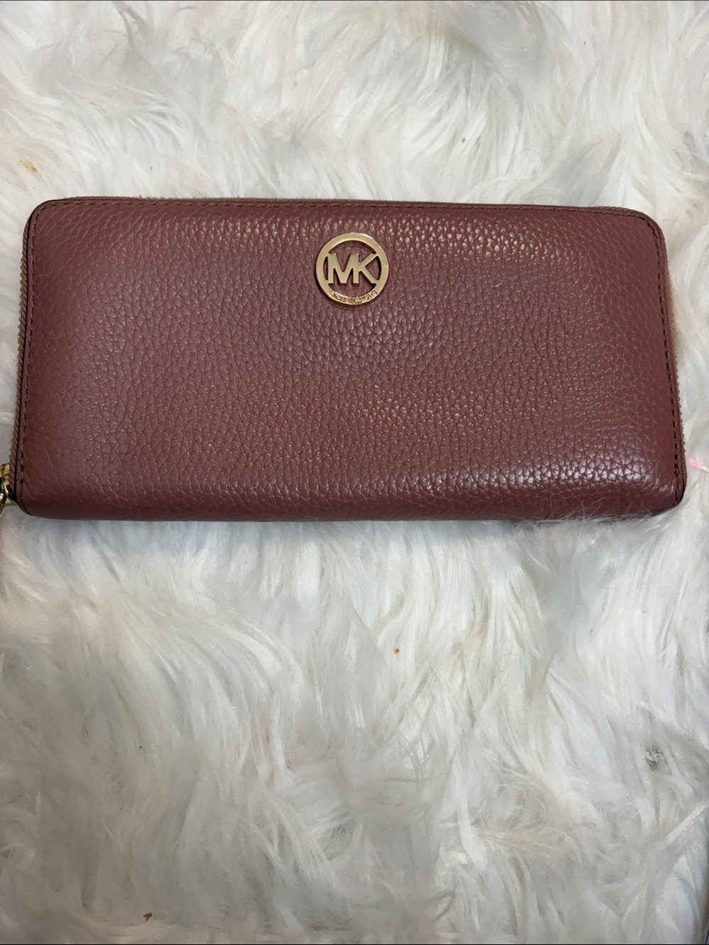 Michael Kors Wine Pebbled Leather Zip Wallet with Gold MK Logo